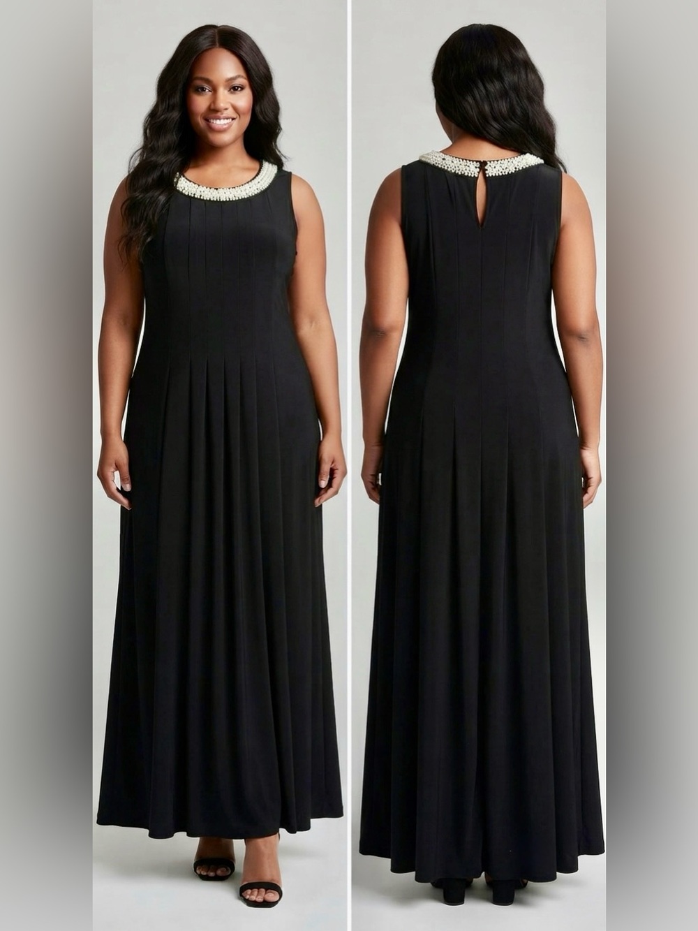 Blooming Rose Black Maxi Dress – Size 1X – Elegant Pearl Embellished Neckline